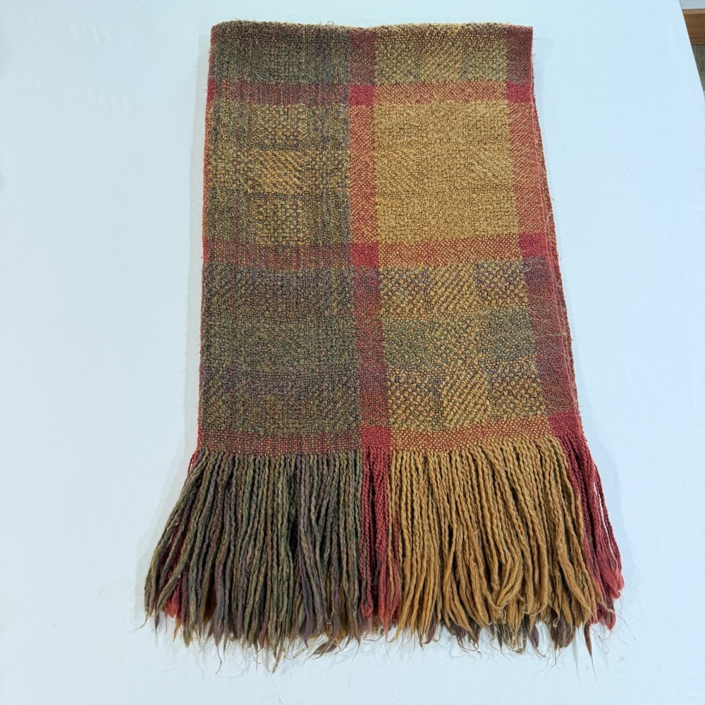 Kennebunk Weavers Throw Blanket Plaid Woven Fringe Made in USA Earth Tones 40x72